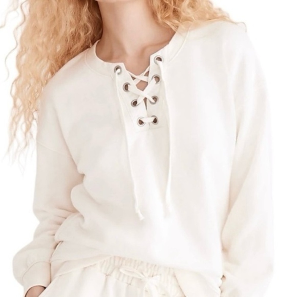 Madewell Antique Cream Cotton-Hemp Lace-Up Neckline Pullover Sweatshirt Size XS